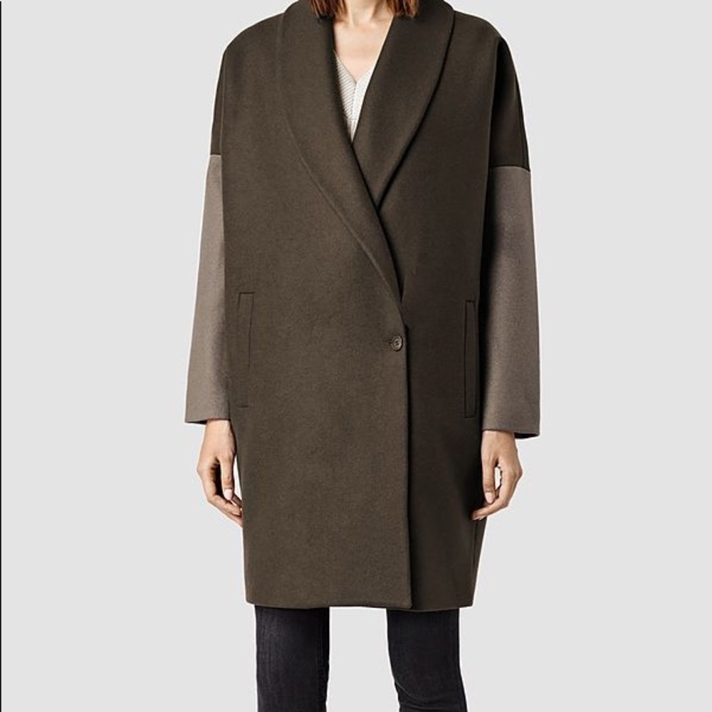 All Saints Green Contrast Klein Cocoon Wool Blend Coat
